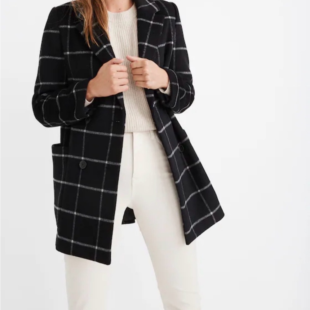 Womens Madewell Black Blazer with White Check Pattern Size L Perfect for Office